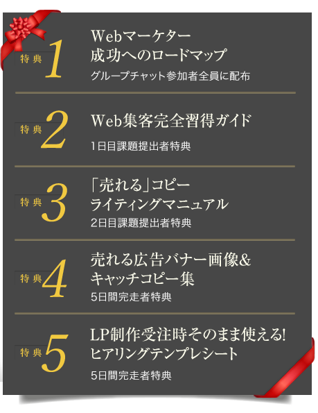 セミナーに参加された全員にプレゼントされる豪華5大特典! Webマーケティング習得から実務にも役立つ豪華5大特典!